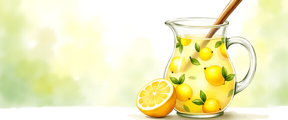 Refreshing lemonade pitcher with lemons and leaves on light green blurred background isolated on white