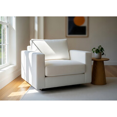 Embrace modern comfort and serene ambiance in a beautifully lit contemporary living space featuring a stylish white armchair, perfect for relaxation and sophisticated interior design