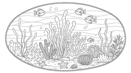 Underwater Seascape with Coral Reef, Kelp Forest, and Tropical Fish in Detailed Line Art