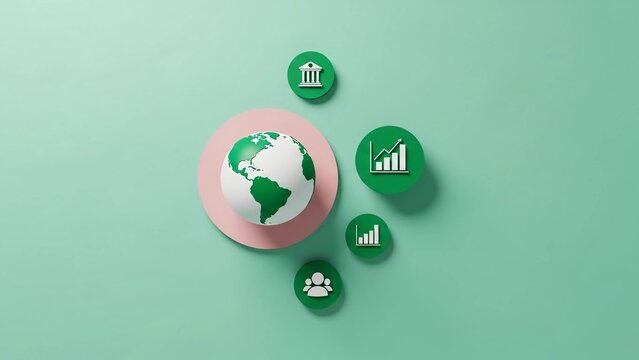 3D rendering of a globe surrounded by business, finance, and social icons on a light green background, representing global economy and sustainability. - Powered by Adobe