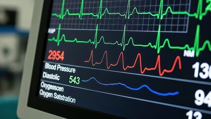 Vital signs monitoring display showing blood pressure and oxygen saturation information used for
