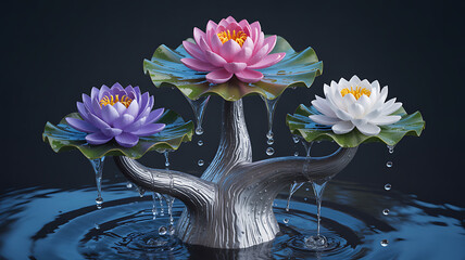 Blooming Lotus Flowers in Ornate Silver Vase with Dramatic Lighting