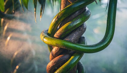 Close-up of vibrant green vines intricately wrapped around a tree trunk in a misty jungle environment.