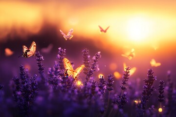 A vibrant field of purple flowers bathed in the warm glow of a setting sun, with butterflies flitting about and a serene landscape unfolding in the background.