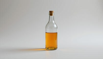 A glass bottle of alcoholic beverage stands alone on a light colored surface against a neutral background. The bottle appears to have an amber liquid, and it is sealed with a cork.