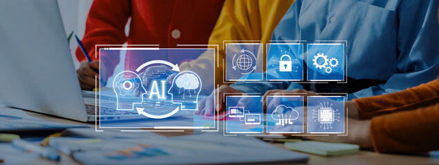 Business team collaborates on an artificial intelligence project in a modern office, utilizing technology tools and data analysis for creative solutions and innovation. Trope