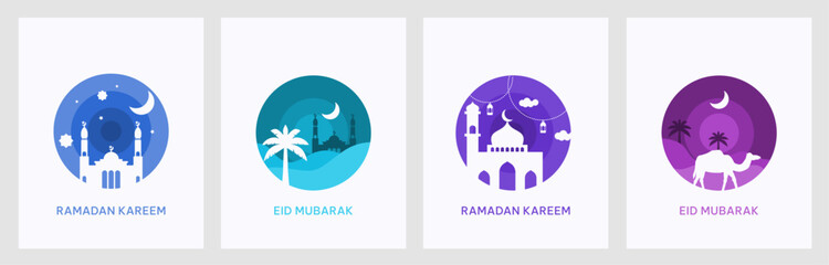 Set of ramadan kareem and eid mubarak gretings design in simple paper cut style with no shadow. Minimalist and modern design for islamic events.
