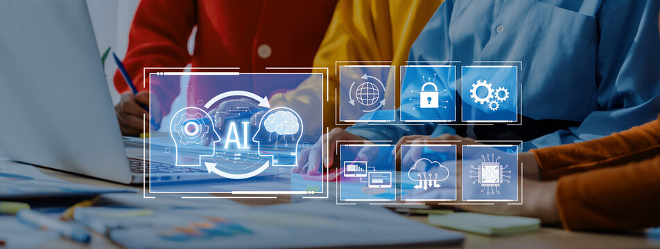 Business team collaborates on an artificial intelligence project in a modern office, utilizing technology tools and data analysis for creative solutions and innovation. Trope - Powered by Adobe