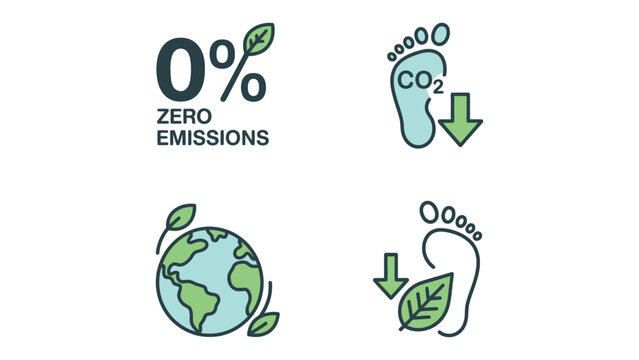 Illustrations showing zero emissions, reduced carbon footprint, and environmental protection concepts.