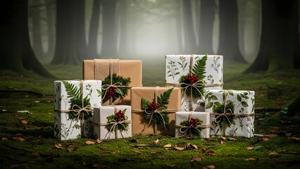 A collection of festively wrapped gifts nestled amongst the moss and trees in a forest