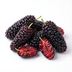 Close-up shot of fresh mulberries with some cut open, showcasing red interiors, on a plain white background with a focus on food.