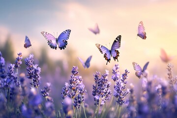 A serene meadow bathed in the soft glow of a setting sun, where wildflowers sway gently in the breeze and butterflies flit about, their iridescent wings catching the last rays of sunlight.