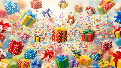 Fototapeta premium A vibrant cascade of colorful gift boxes and confetti creates a festive atmosphere