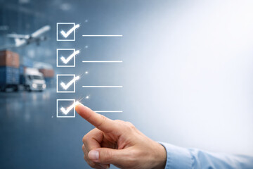 Checklist logistics supply chain resilience automation concept with hand selecting completed task and transportation background showing truck and airplane