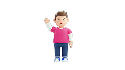 3D Cartoon Boy Waving Hello on White Background