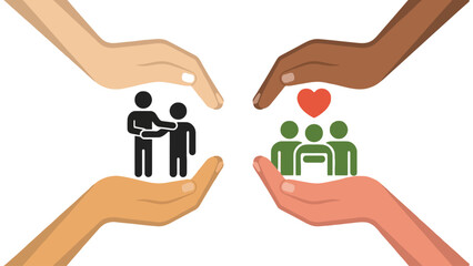 Diverse hands embrace and support community, symbolizing unity and care.
