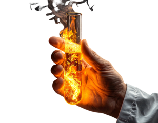 A close-up shot of a hand holding a glowing test tube with flames. Smoke rises above, set against a black background
