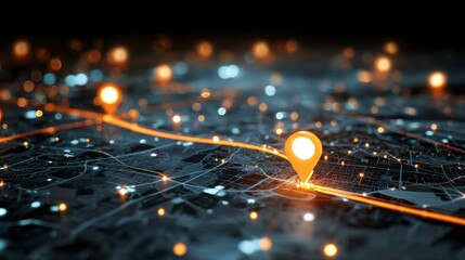 A modern perspective of an illustrative digital map with illuminated markers and glowing pathways over a dark, detailed surface