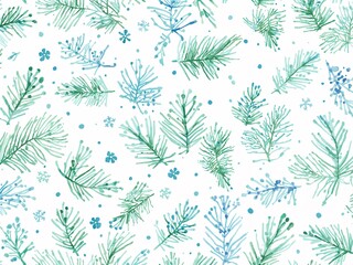 Seamless watercolor winter pattern with pine branches and snowflakes, light blue botanical background.