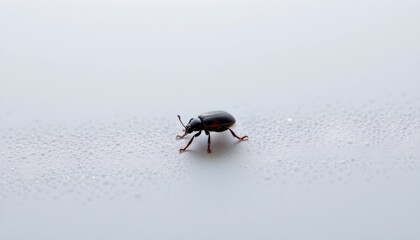 A small beetle, distinguished by its red legs, standing on a white surface with some granular texture that could be sand or gravel