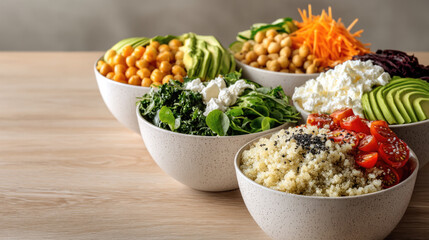Colorful salad bowls with quinoa avocado chickpea spinach kale tomato carrot cheese and seeds on wooden table