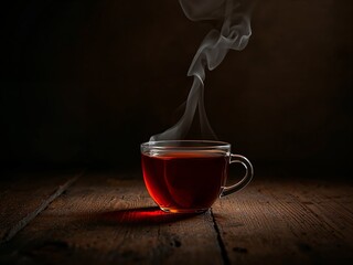 Glass cup of hot tea on rustic wooden table with steam, dark cozy atmosphere and copy space.
