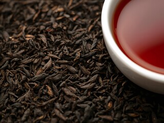 Close-up of dry black tea leaves with cup of brewed tea, warm beverage background with copy space.