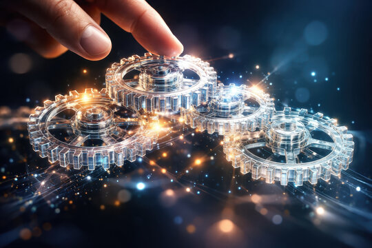 Transparent gear mechanism in digital network with human touch supply chain resilience automation creating glowing connection and collaborative industrial concept showing technology and efficiency