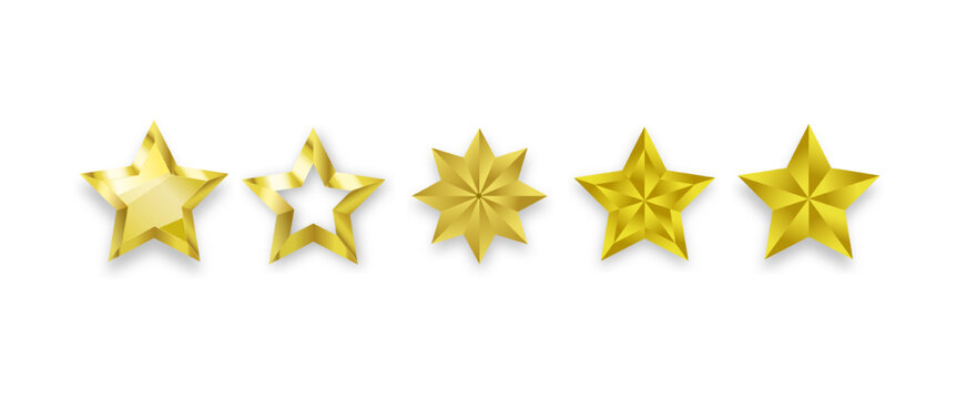 Set of glossy golden 3d stars of different shapes with shadow in realistic style. Feedback and leadership symbol icon. Yellow metallic trophy star for game, rating, ui, website. Vector illustration