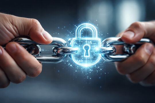 Secure metal chain with glowing padlock hologram representing supply chain resilience and automation protecting data and goods in modern logistics and technology