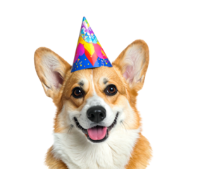 A close-up shot of a happy corgi wearing a party hat, against a black background. The dog has a big smile and open mouth