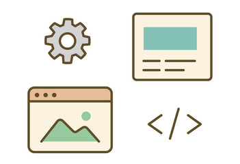 Website Development And Management Icons Set Representing Settings, Page Layout, Image Content And Coding For Web Design, UI Design, System Setup And Digital Service Concepts