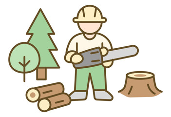 Forestry Worker Cutting Trees With Chainsaw In Sustainable Forest Management Concept For Lumber Industry, Environmental Conservation, Logging Safety, Wood Production And Natural Resource Work