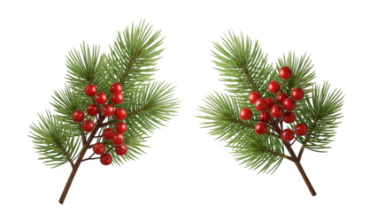 Two pine branches with red berries isolated on transparent background