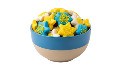 Colorful star-shaped cookies in a blue and white bowl