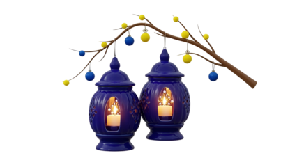 Blue ceramic lanterns with lit candles and decorative branch