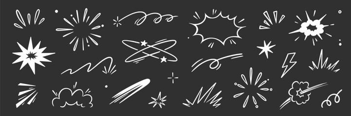 Cartoon speed effect comic line element set. Hand drawn doodle sketch boom burst, bomb smoke, explosion cloud cartoon elements. Comic speed effect, power flash, explosive shapes. Vector illustration
