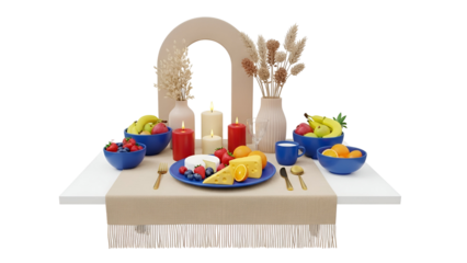 Cozy kitchen table with fresh fruits and candles