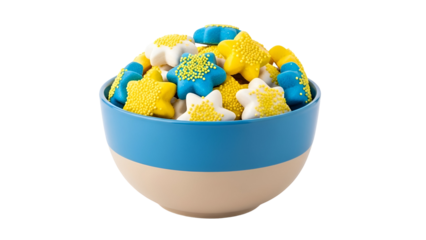Colorful popcorn in blue and white bowl
