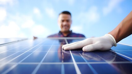 Technician wearing gloves installs solar panels on a rooftop under a bright sky