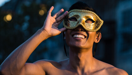 The Golden Mask Reveal. Happy New Year. A dramatic shot of a person lowering a Venetian-style gold masquerade mask from their face revealing a joyful relieved smile just after midnight.
