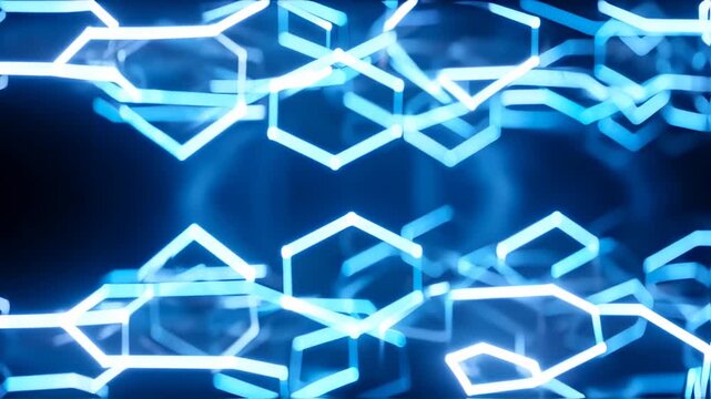 A blue, glowing, abstract pattern of interconnected, hexagonal shapes against a dark background