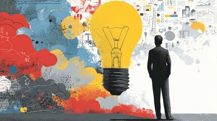 A person in a suit observes a glowing lightbulb emanating thoughts and business diagrams, colorful background represents creativity