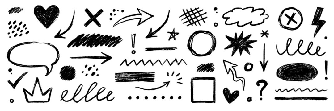 Arrow brush stroke chalk texture elements. Hand drawn crayon pastel stroke arrows, chalk circles, dot color set. Highlight, circle frame brush chalk scribble shapes set. Vector illustration