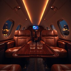 Fototapeta premium Long view inside a luxurious private jet cabin with leather seats, wooden tables holding whiskey glasses, warm overhead lighting, and night city lights visible through windows
