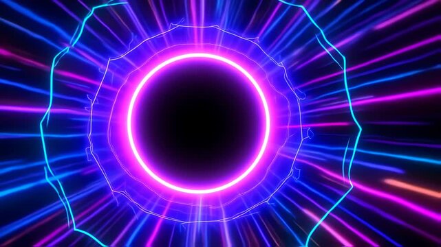 A glowing neon portal with vibrant blue and pink lines against a black background