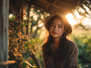 A relaxing young Thai farmer at rice field beside peaceful farm in Thailand.