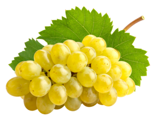 A close-up shot of a bunch of ripe, yellow-green grapes with a vibrant green leaf, isolated against a transparent background
