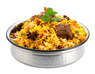 A close-up shot of a hearty, flavorful dish with rice, meat, nuts, and spices, presented in a metal bowl, garnished with a sprig of mint