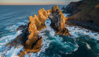 Dramatic Coastal Arch Rock Formation in Ocean Waves at Sunset.